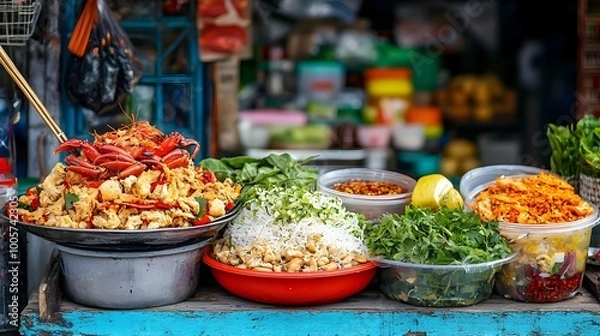 Fototapeta Vibrant and Authentic Som Tum Thai Salad with Fresh Crab and Savory Fermented Fish Sauce Displayed in a Lively and Colorful Street Market Atmosphere