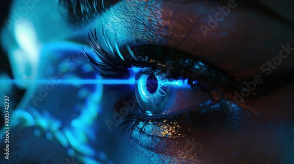 Fototapeta close up of human eye illuminated by vibrant blue light, showcasing intricate details and reflections. image evokes sense of wonder and technological advancement