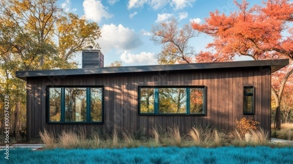 Obraz A contemporary farmhouse exterior featuring vertical ash paneling, dark teal window and roofline trim, against sky blue grass and nestled among coral trees