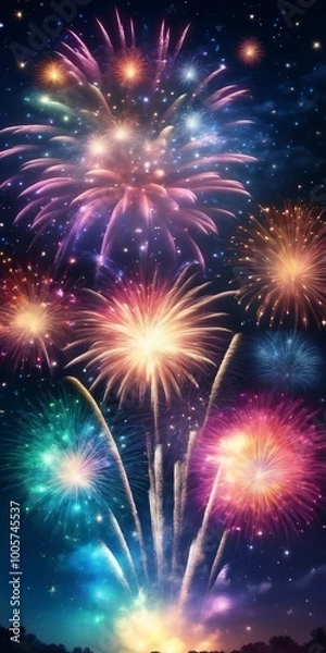 Fototapeta Dazzling display of fireworks bursting in a variety of colors against the night sky, symbolizing celebration festivity