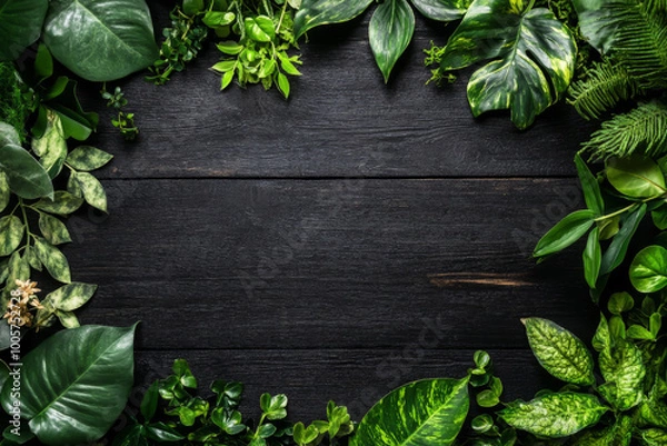 Obraz A black background with a green border of plants. The plants are arranged in a way that they form a frame around the black background. The image has a natural and calming feel to it