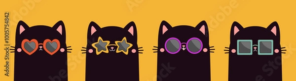Fototapeta Black cat set wearing sunglass eyeglasses. Kitten in eyeglass. Star, heart, round square shape sunglasses lenses. Cute cartoon kawaii funny character. Flat design Yellow background Vector illustration