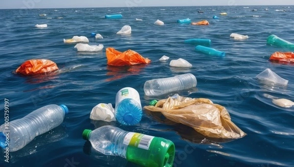 Fototapeta Sunlight reflects off both the gentle waves and the smooth surfaces of numerous plastic items littering the sea