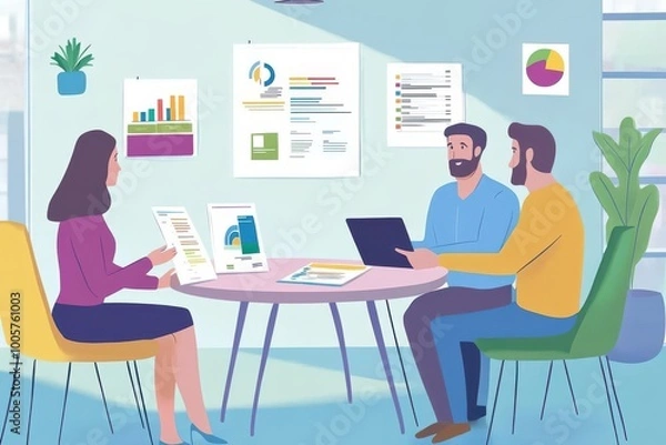 Fototapeta team meeting in a bright and cheerful office with colorful charts