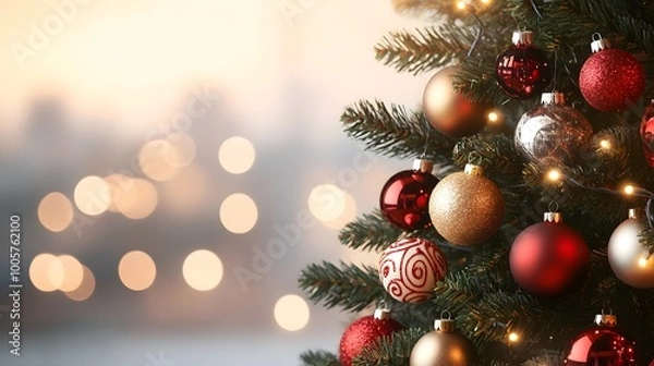 Fototapeta Festive Christmas tree with colorful ornaments and twinkling lights.