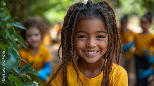 Fototapeta A smiling girl with dreadlocks in a yellow shirt, surrounded by greenery and peers.