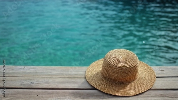 Obraz Straw hat and turquoise water with a text space