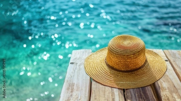 Obraz Straw hat and turquoise water with a text space