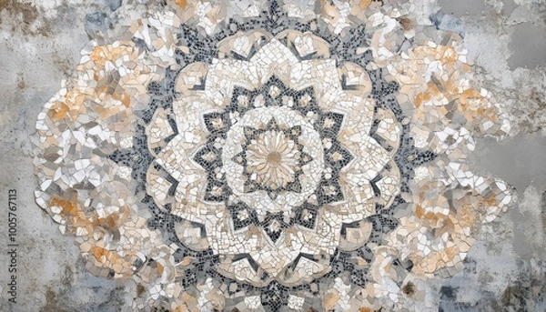 Fototapeta A symmetrical mandala pattern in shades of grey, gold, and black against a weathered concrete background.