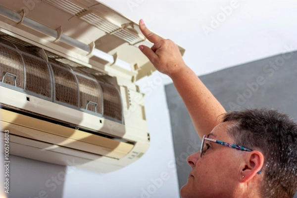 Fototapeta domestic problem with the air conditioner, technician checks the appliance
