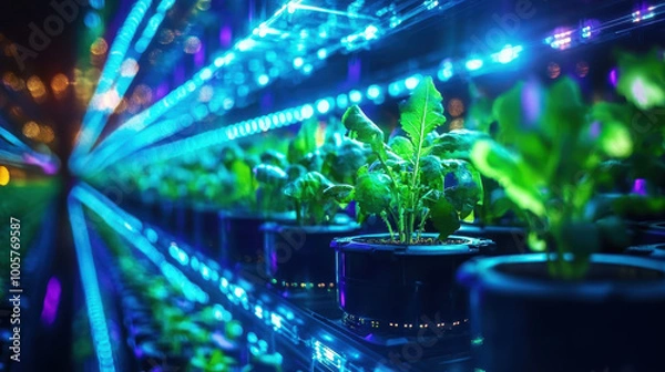 Fototapeta Vibrant indoor garden with illuminated plants showcasing modern hydroponic technology. blue and green lights create futuristic atmosphere, enhancing growth of leafy greens