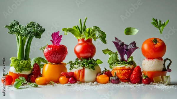 Obraz A row of vegetables and fruits are arranged in a creative way, with some of them being placed on top of each other. The arrangement is colorful and visually appealing