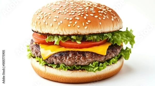 Fototapeta Close-up of a classic cheeseburger with a perfectly grilled patty, fresh toppings, and sesame seed bun, isolated on a bright white background for clarity.