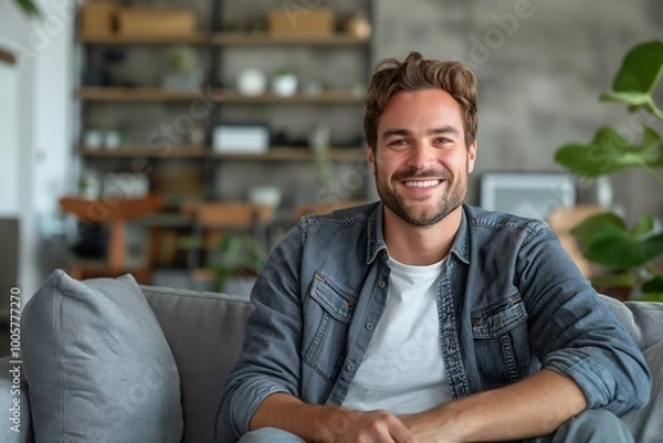 Obraz A smiling fintech founder sitting comfortably in a modern workspace, exuding confidence and enthusiasm during a casual meeting