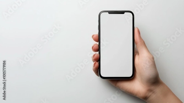 Obraz Close-up of a woman's hand gripping a white screen smartphone on a seamless white background, emphasizing clean tech and minimalism.