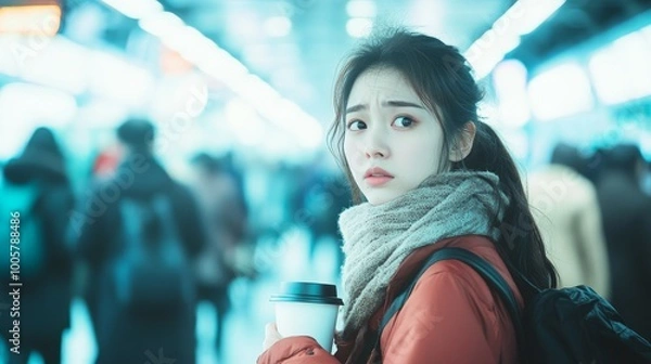 Fototapeta  Asian woman standing at a crowded subway station, looking exhausted and holding a coffee cup, dreading the start of the workweek.