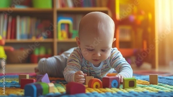 Fototapeta A baby playing with colorful wooden blocks on a soft mat