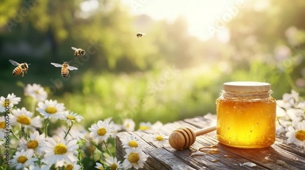 Fototapeta A jar of golden honey sitting on a rustic wooden table, surrounded by wildflowers, with a bee gently landing on the jar