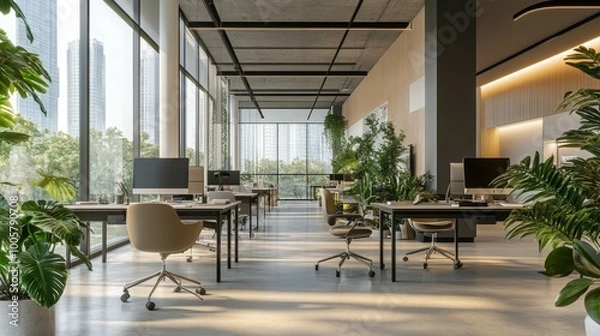 Fototapeta A modern open-plan office with sleek desks, ergonomic chairs, and large windows letting in plenty of natural light. Green indoor plants and minimalistic décor create a calm and productive atmosphere 