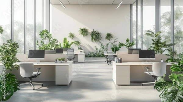 Fototapeta A modern open-plan office with sleek desks, ergonomic chairs, and large windows letting in plenty of natural light. Green indoor plants and minimalistic décor create a calm and productive atmosphere 