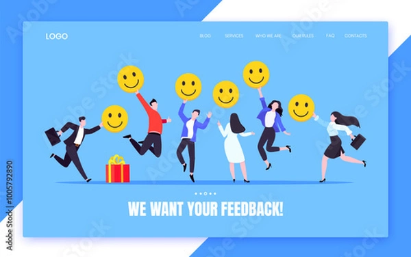 Fototapeta Employee happiness and work attitude feedback business concept flat style vector illustration. Business people with various feedback emoticons. Working wellbeing and satisfaction feedback