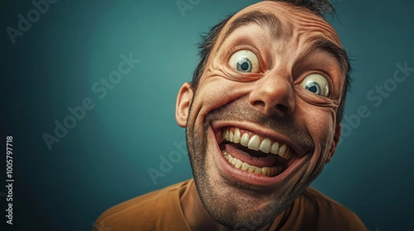 Obraz A man with a big smile on his face. He is wearing a yellow shirt. The image conveys a happy and cheerful mood