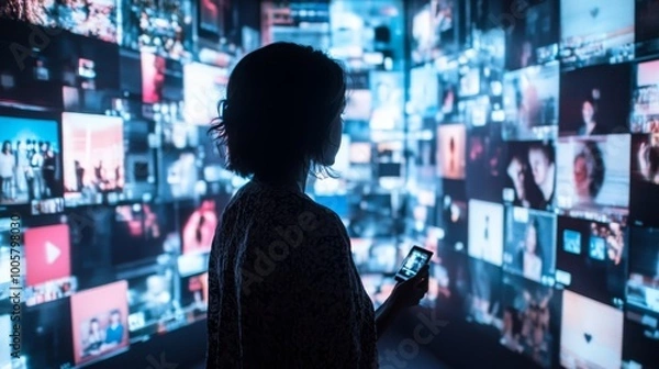 Fototapeta A person surrounded by holographic social media feeds, swiping through posts and messages