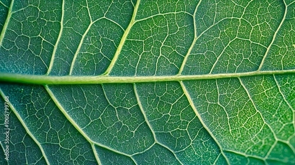 Fototapeta Macro photography showcases the complex vein structure of a green leaf, emphasizing the intricate details of plant biology.