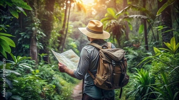 Fototapeta Adventurous Explorer in Jungle with Map and Backpac