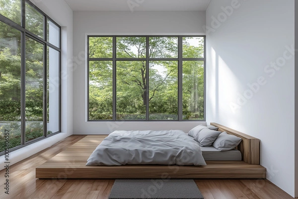 Obraz Minimalist hotel bedroom interior with large floor-to-ceiling windows and wooden platform bed. Natural light entering through the windows, overlooking lush green trees. Modern interior design
