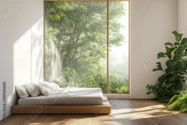 Fototapeta A bright hotel modern bedroom featuring a minimalist wooden platform bed, large window with views of lush greenery, and indoor plants, creating a serene and natural atmosphere