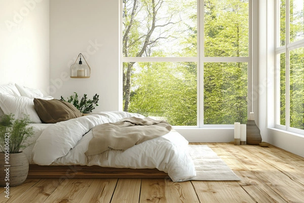 Obraz Cozy hotel bedroom interior with wooden platform bed, white bedding, and large windows overlooking green trees. Natural light fills the room, featuring minimalist decor and earthy accents