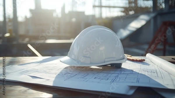 Fototapeta A white safety helmet resting on top of detailed blueprints spread out on a construction site desk. Bright natural light. The background shows construction tools and a partially built structure