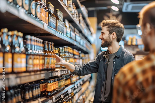 Fototapeta Smiling man is choosing a bottle of beer from the shelf, shopping for alcohol in a supermarket