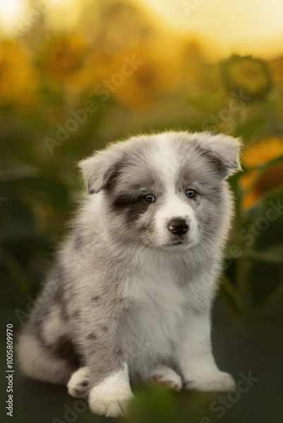 Fototapeta border collie cute puppy on the sunflowers field at sunset time