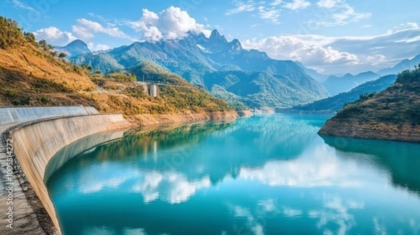 Fototapeta A scenic view of Lam Takhong Dam, with the reservoir reflecting the mountains.