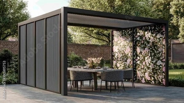 Fototapeta Blush frame, floral olive and pearl gray vertical louvers modern pergola with a quartz dining set in a chic garden setting Chic patio cover
