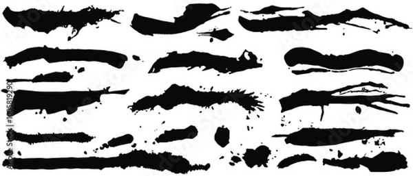 Fototapeta Brush strokes. Paintbrush set. Grunge design elements. Long text boxes. Dirty texture banners. Ink splatters. Dry hand drawn smear. Painted objects. Vector 