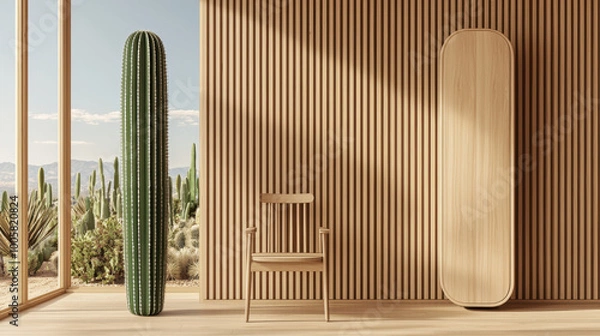 Fototapeta minimalist interior featuring wooden chair and tall cactus against backdrop of vertical wooden slats. serene desert landscape outside adds tranquil touch to space