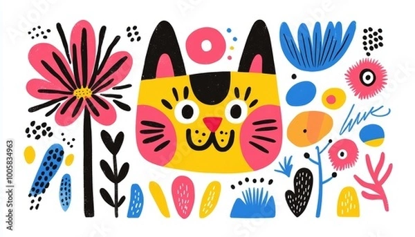 Fototapeta A playful illustration of a cat face framed by bold, colorful flowers, using geometric shapes and symmetry for a modern, folk-art aesthetic.