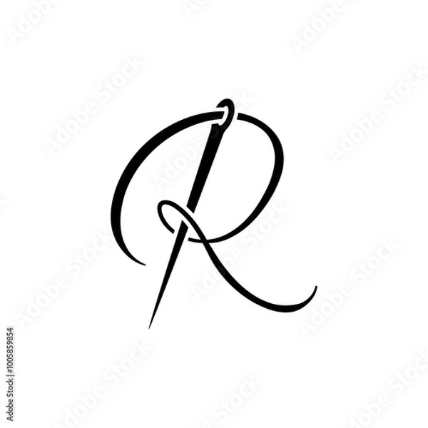 Fototapeta script letter initial R with sewing needle logo