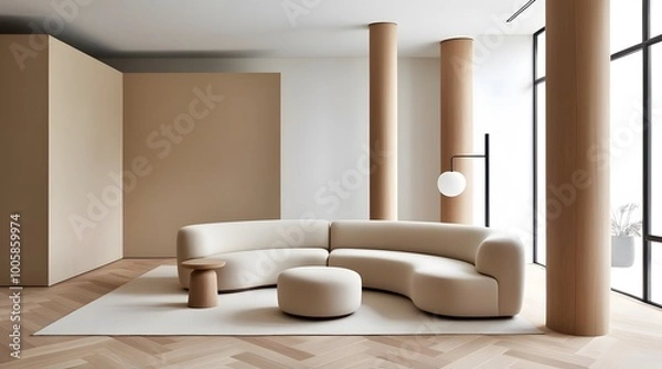 Fototapeta Modern living room interior with modern furniture and big size window