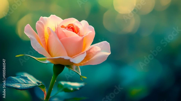 Fototapeta A single pink rose is the main focus of the image. The rose is surrounded by green leaves, and the overall scene has a serene and peaceful atmosphere
