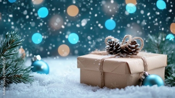 Fototapeta Wrapped Christmas gift on snow, with twinkling blue bokeh lights in the background. Fir branches and ornaments create a festive, wintery atmosphere as snow falls softly.