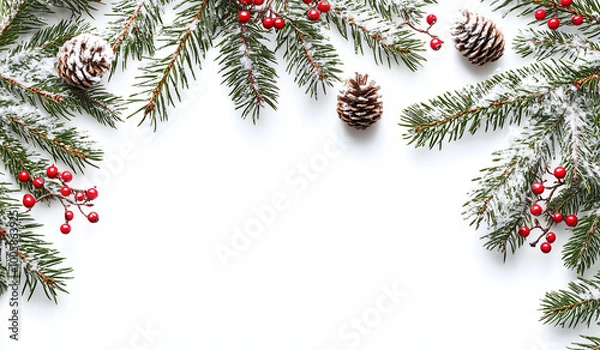 Fototapeta Christmas tree border with snow and red berries on a white background