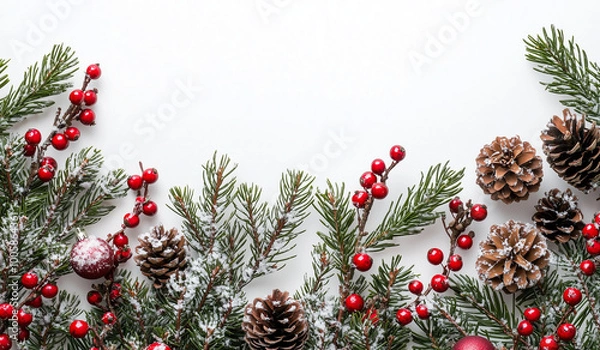 Fototapeta Christmas tree border with snow and red berries on a white background