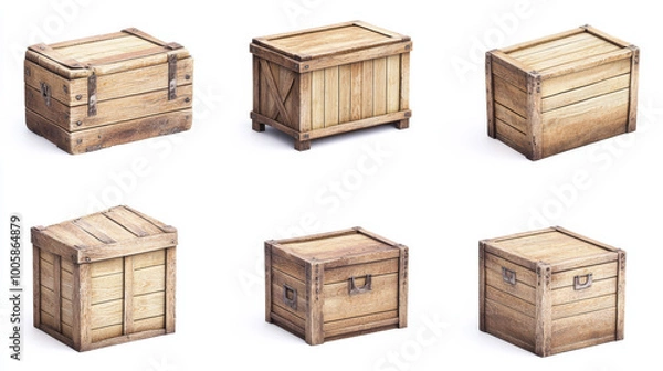 Fototapeta A set of wooden cargo boxes in different views (side, front, top). These realistic-looking boxes are shown against a white background.