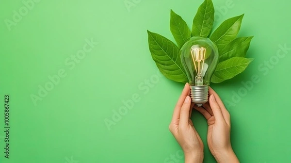 Obraz A light bulb surrounded by green leaves, symbolizing eco-friendly energy and sustainability on a vibrant green background.