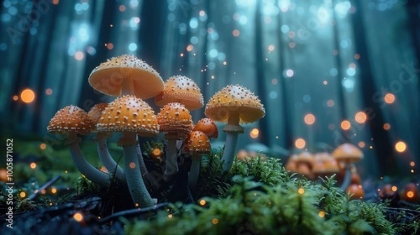 Fototapeta A fantasy of a dark forest floor, focusing on a group of wild, colorful, beautiful mushrooms unlike anything in existence. The mushrooms are mysteriously lit from behind.