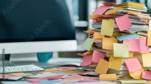 Fototapeta A cluttered desk with a large stack of documents covered in sticky notes, symbolizing organized chaos in an office setting.